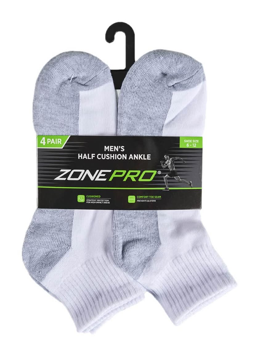 Mens P4 Ankle Wht Gfb Zone Pro Mens Socks Ankle Wht/Gry Sz 6/12-4ct