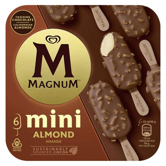 Magnum mini bâtonnets glacés vanille enrobage chocolat au lait et amandes x6 276 g