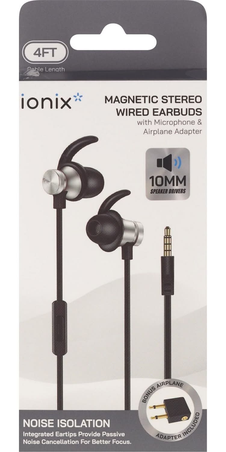 Ionix Magnetic Stereo Wired Earbuds With Microphone & Airplane Adapter, 4 ft