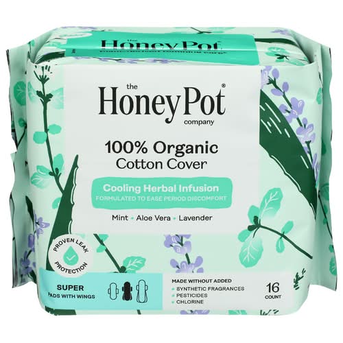 The Honey Pot Company Organic Cotton Cover Super Herbal-Infused Pads With Wings