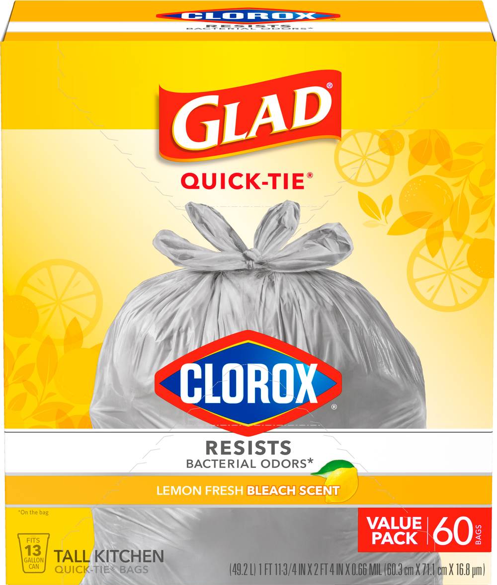 Glad Tall Kitchen Quick Tie Trash Bags 13 Gallon, Lemon Fresh Bleach, Grey (60 ct)