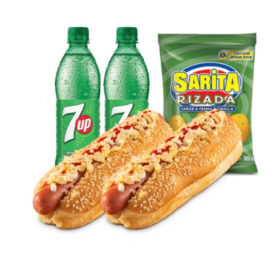 Combo 2 Hot dog de res + 2 Seven Up 400 ml + Sarita crema y cebolla