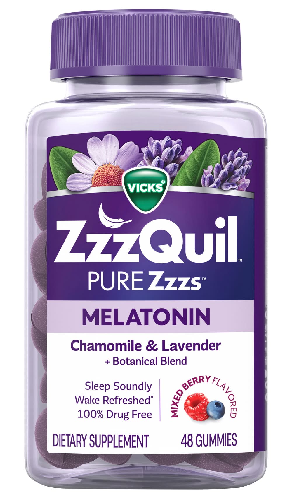 ZzzQuil Pure Zzzs Melatonin+ Chamomile & Lavender Gummies, Wildberry Vanilla (48 ct)