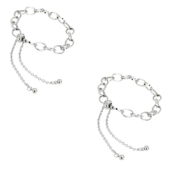 Bead Landing Cable Slider Charm Bracelets, 7.5 Mm, Rhodium (2 ct)