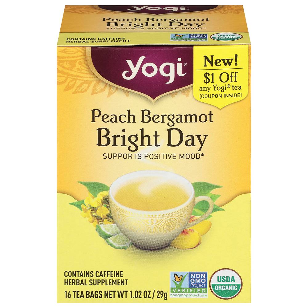 Yogi Bright Day Tea Bags Peach Bergamot Herbal Supplement (1.02 oz, 16 ct)