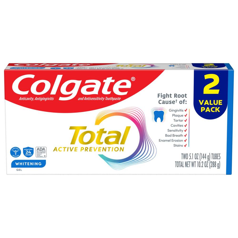 Colgate Total Anticavity, Antigingivitis, And Antisensitivity Whitening Gel Toothpaste With Stannous Fluoride, 4.8 Oz, 2 Pack