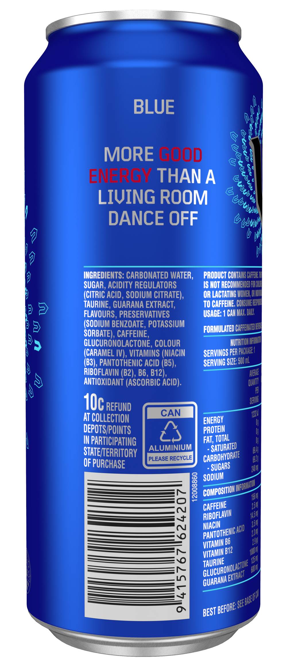 V Guarana Energy Drink, Blue (500mL)