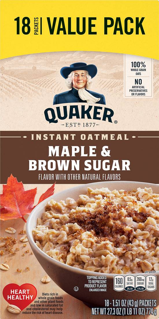 Quaker Maple & Brown Sugar Instant Oatmeal (18 ct)