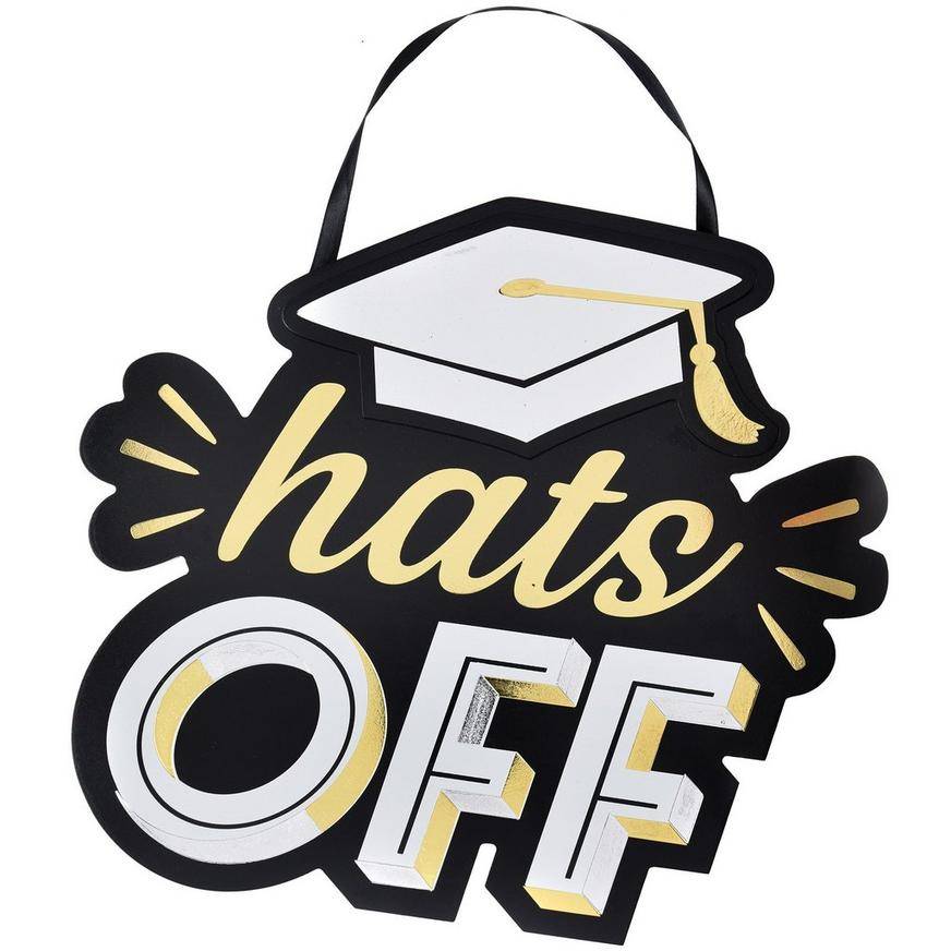 Black, Silver Gold Hats Off Graduation Hanging MDF Sign, 13.5in x 13in