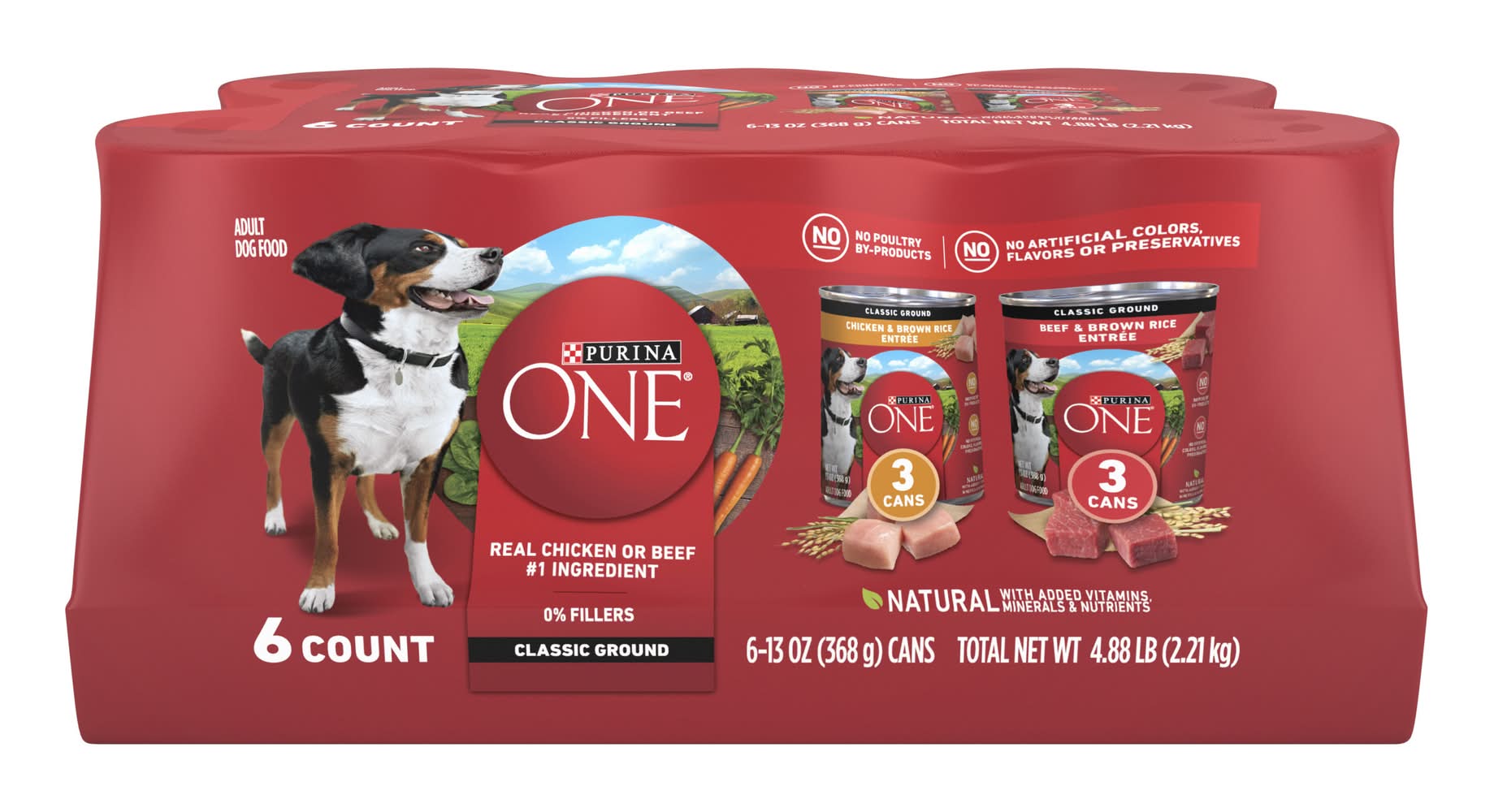 Purina One Classic Ground Wet Dog Food, Chicken & Brown Rice-Beef & Brown Rice, Adult (6 x 13 oz)