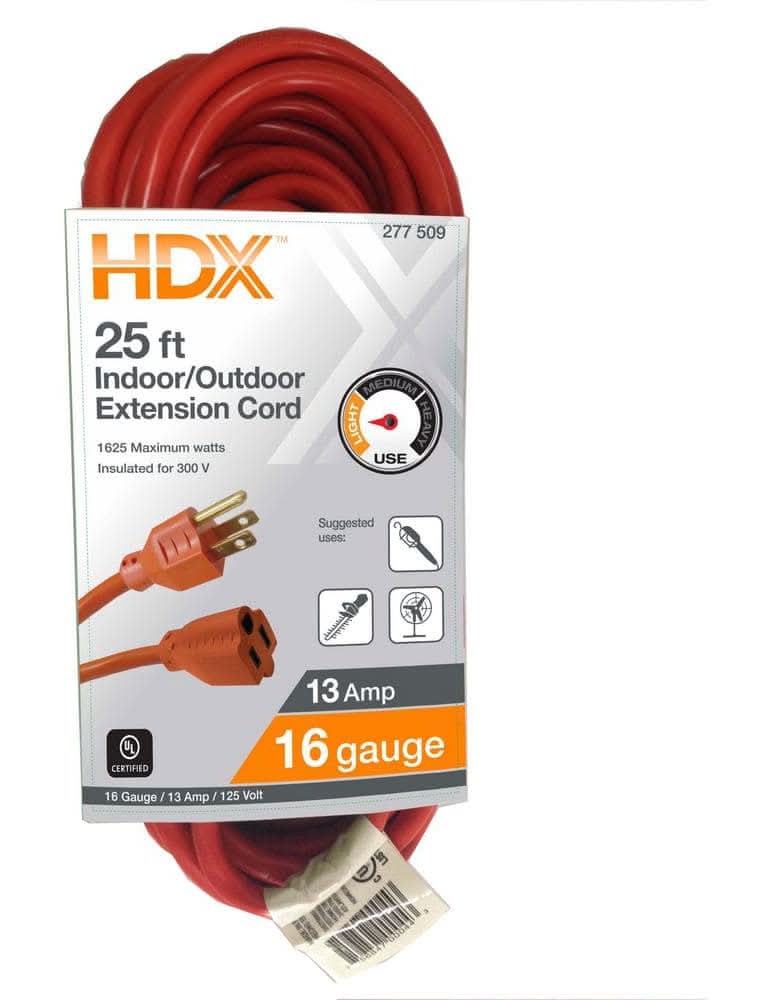 Hdx 25 Ft. 16/3 Light Duty Indoor/Outdoor Extension Cord, Orange