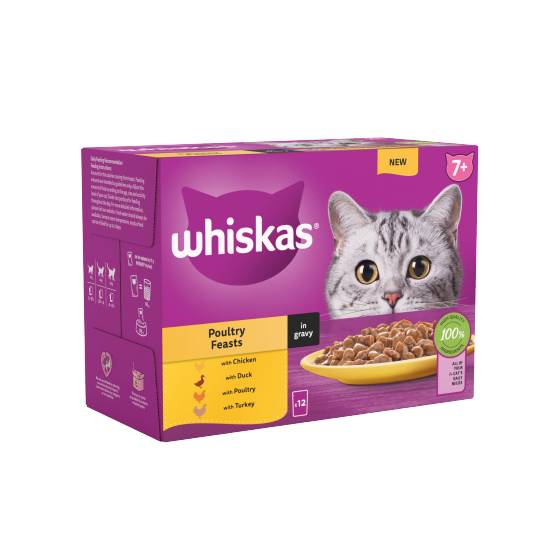 Whiskas Chicken- Duck- Poultry -Turkey, 7+ Poultry Feasts Senior Wet Cat Food Pouches (12 pack)