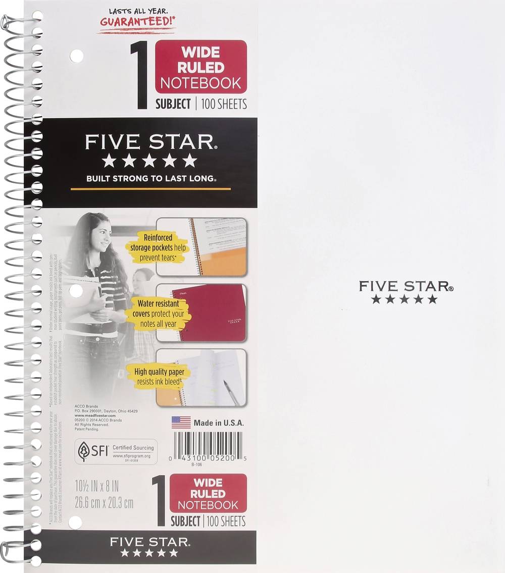 Five Star Mead 10 1/2" X 8" Wide Ruled Notebook