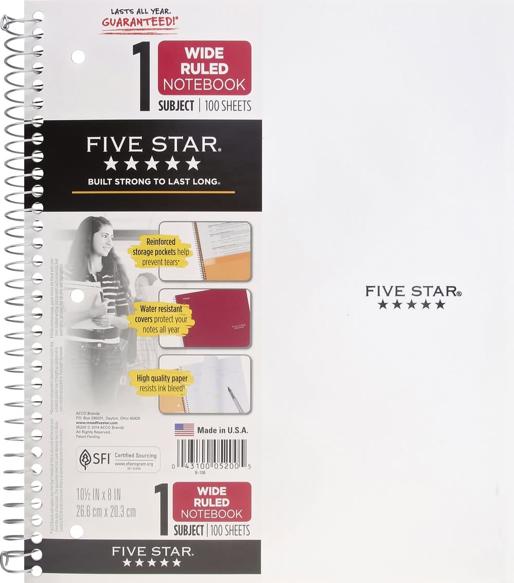 Five Star Mead 10 1/2" X 8" Wide Ruled Notebook (1.5 oz)