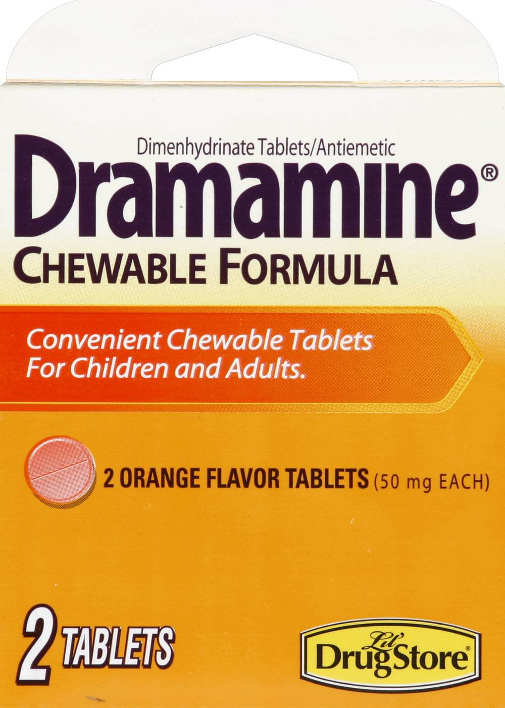 Lil' Drug Store Dramamine Chewable Formula Antiemetic Orange Flavor 50 mg Tablets (0.4 oz, 2 ct)