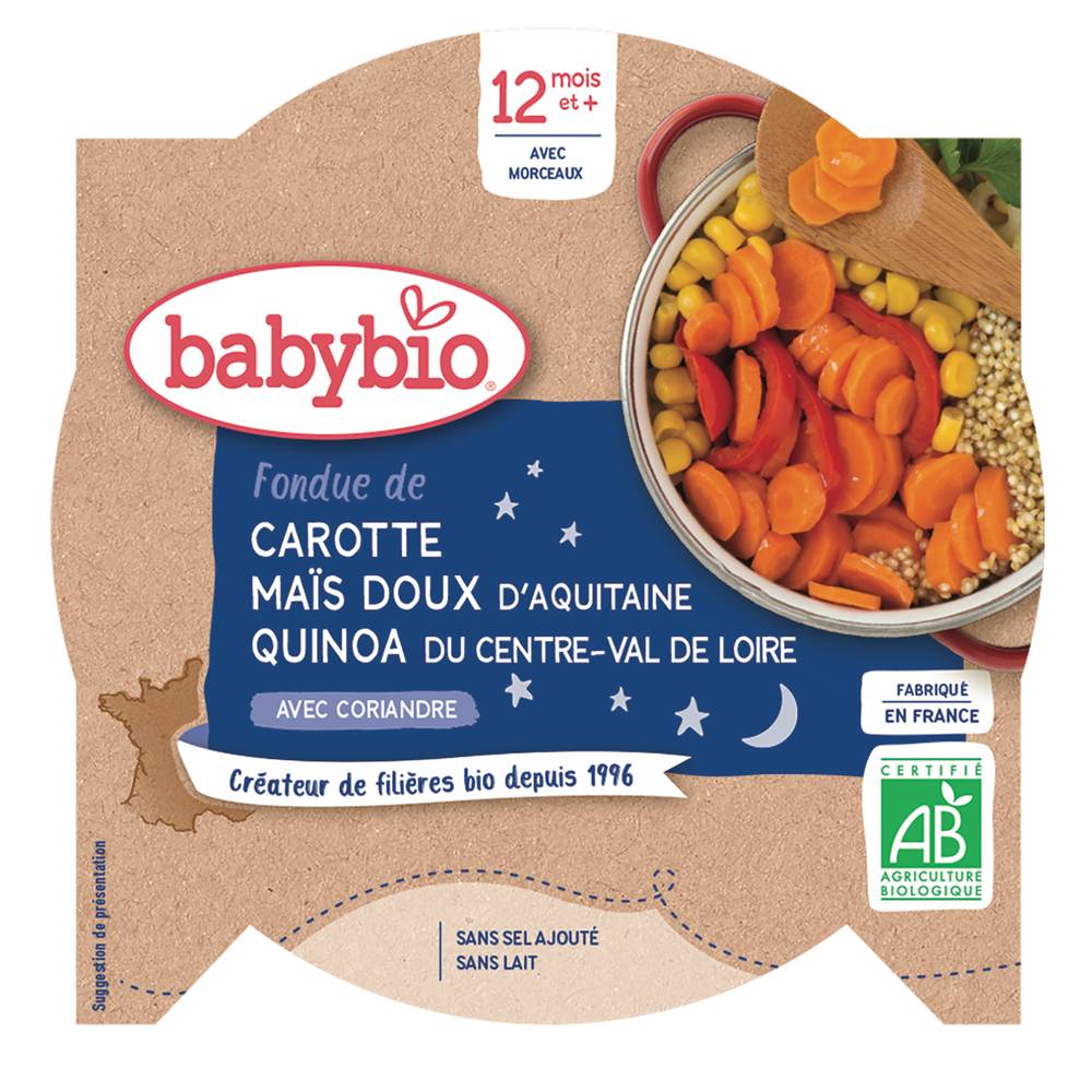 Babybio - Fondue de carotte maïs doux d'aquitaine quinoa avec coriandre 12 mois et+ (230g)