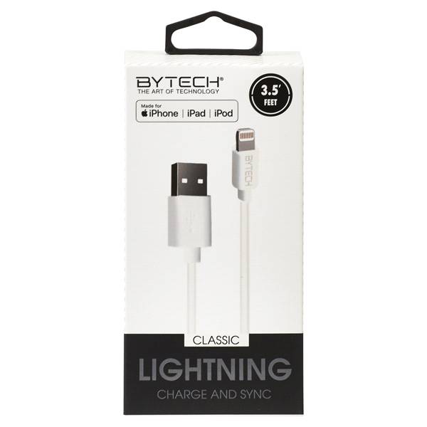 Bytech Lightning Charge and Sync Cable, 3.5 ft., White