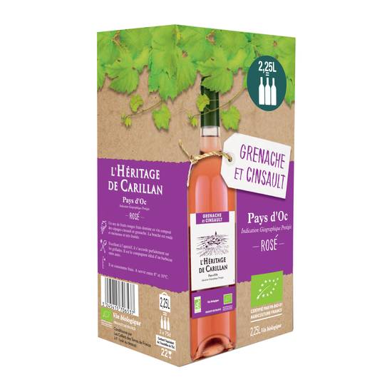 L'héritage de Carillan - Vin rosé Languedoc Roussillon IGP pays d'oc bio domestique (3 pièces, 750 ml)
