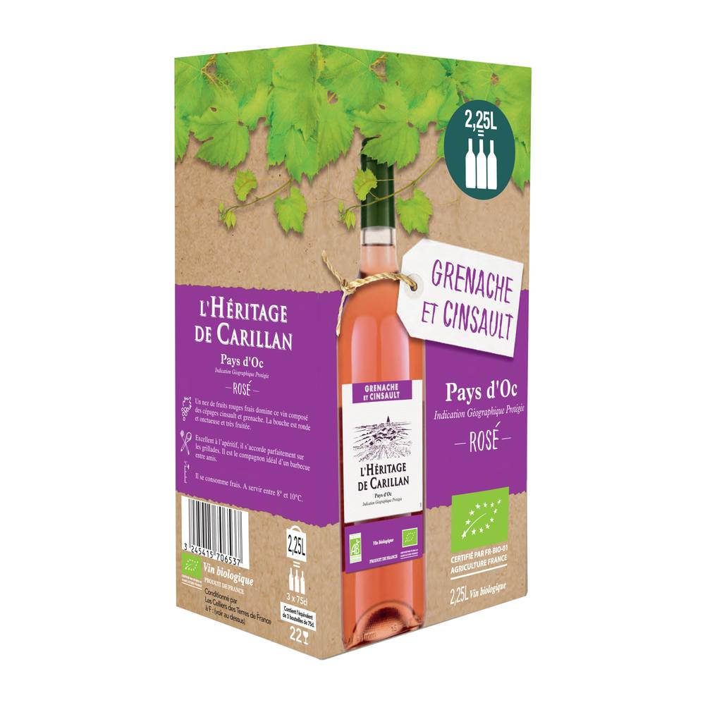 L'Héritage de Carillan - Vin rosé languedoc roussillon igp pays d'oc bio domestique (3 x 750ml)