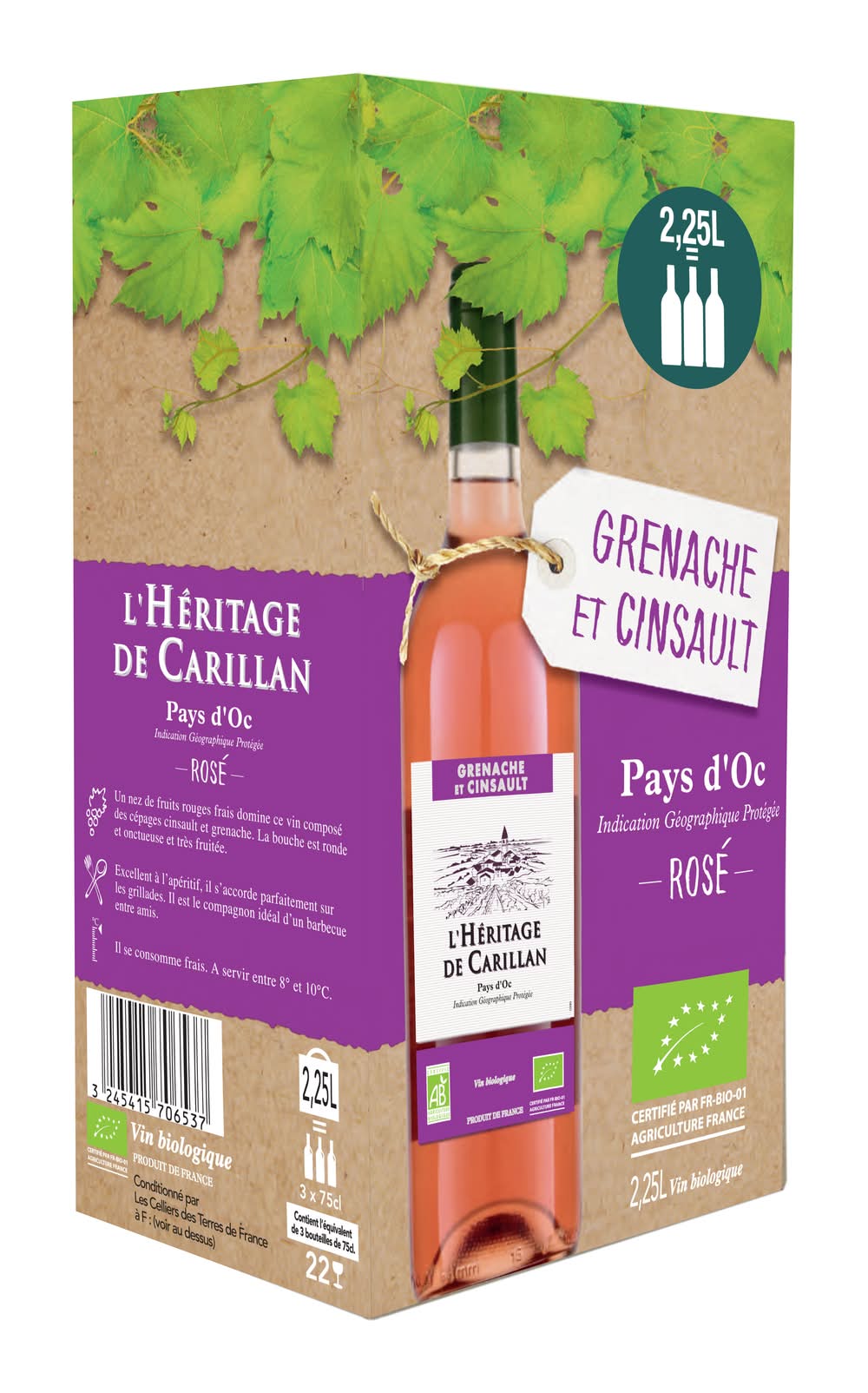 L'Héritage de Carillan - Vin rosé languedoc roussillon igp pays d'oc bio domestique (3 x 750ml)