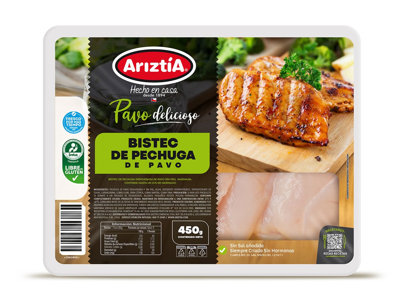 Ariztía · Bistec de pechuga de pavo marinado (450 g)