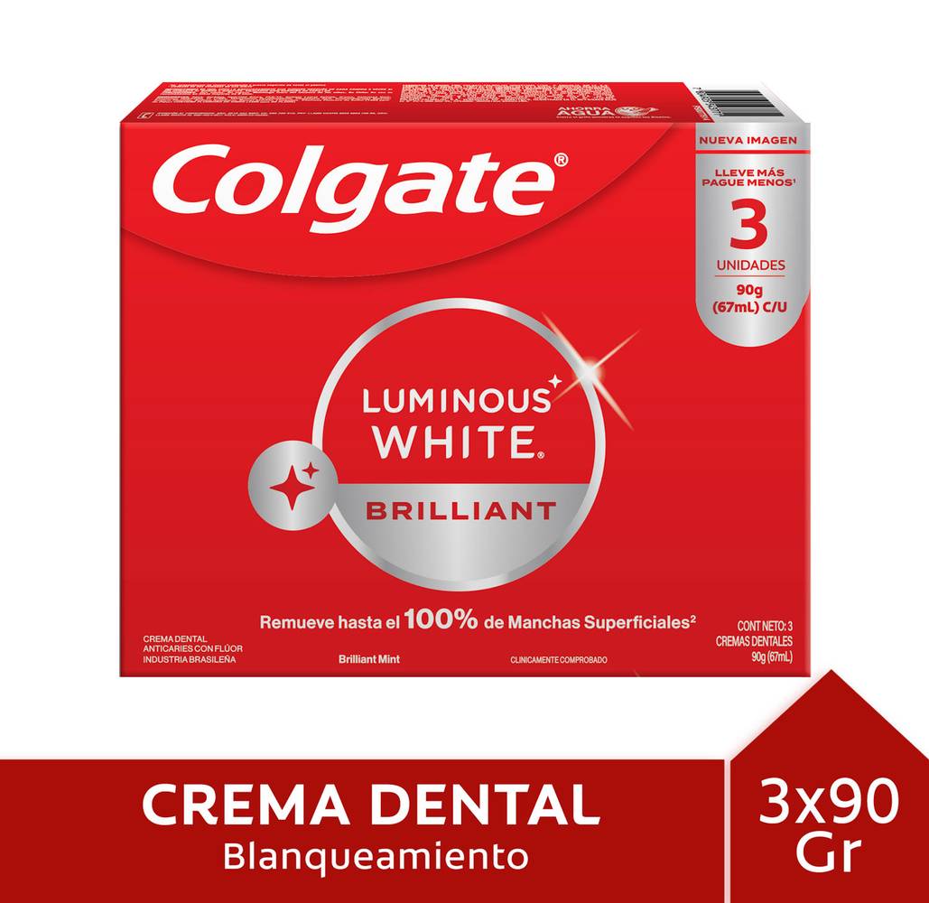 Colgate pack pasta dental luminous white (Caja 3 u x 90 g c/u)