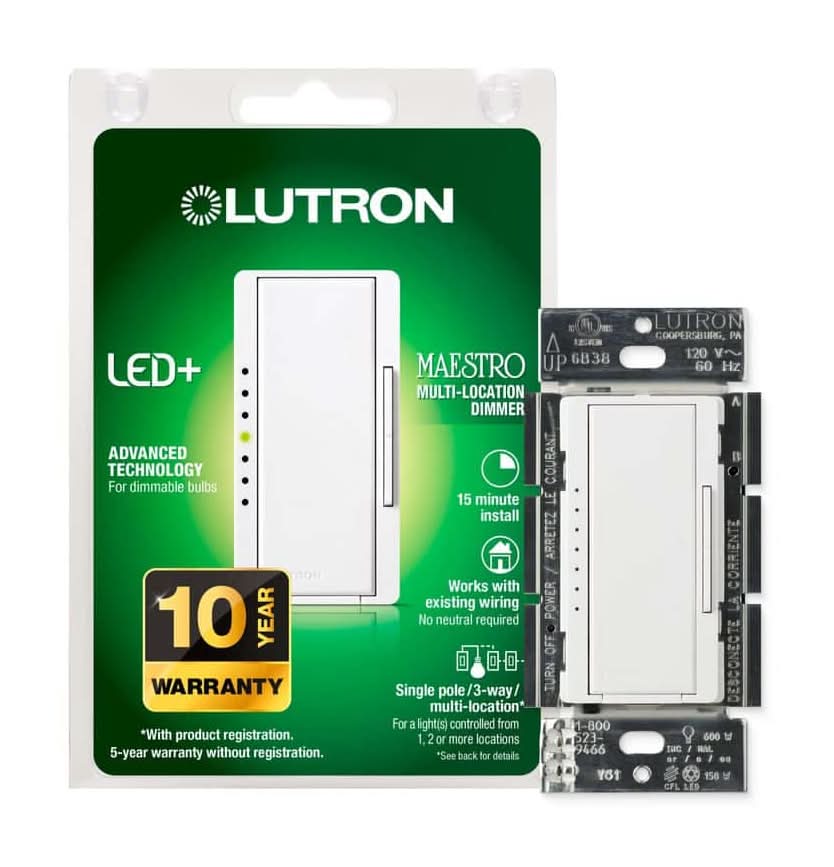 Lutron Maestro Led+ Dimmer Switch For Dimmable Led Bulbs, 150W/Single-Pole Or Multi-Location, White (Macl-153Mh-Wh)