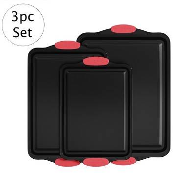 Baking Pans-3PC. Nonstick Cookie Sheet Set, Silicone Handles-17.75x12, 15.75x10 Jelly Roll, 13.5x9 Quarter Size-Home Bakeware by Classic Cuisine