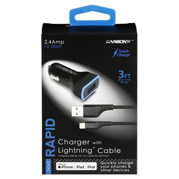 CARBON XT 2.4A Single USB Charger With 3' Lightning Cable