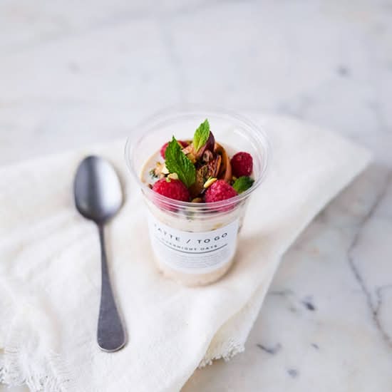 G&G Overnight Oats with Roasted Peach and Raspberry