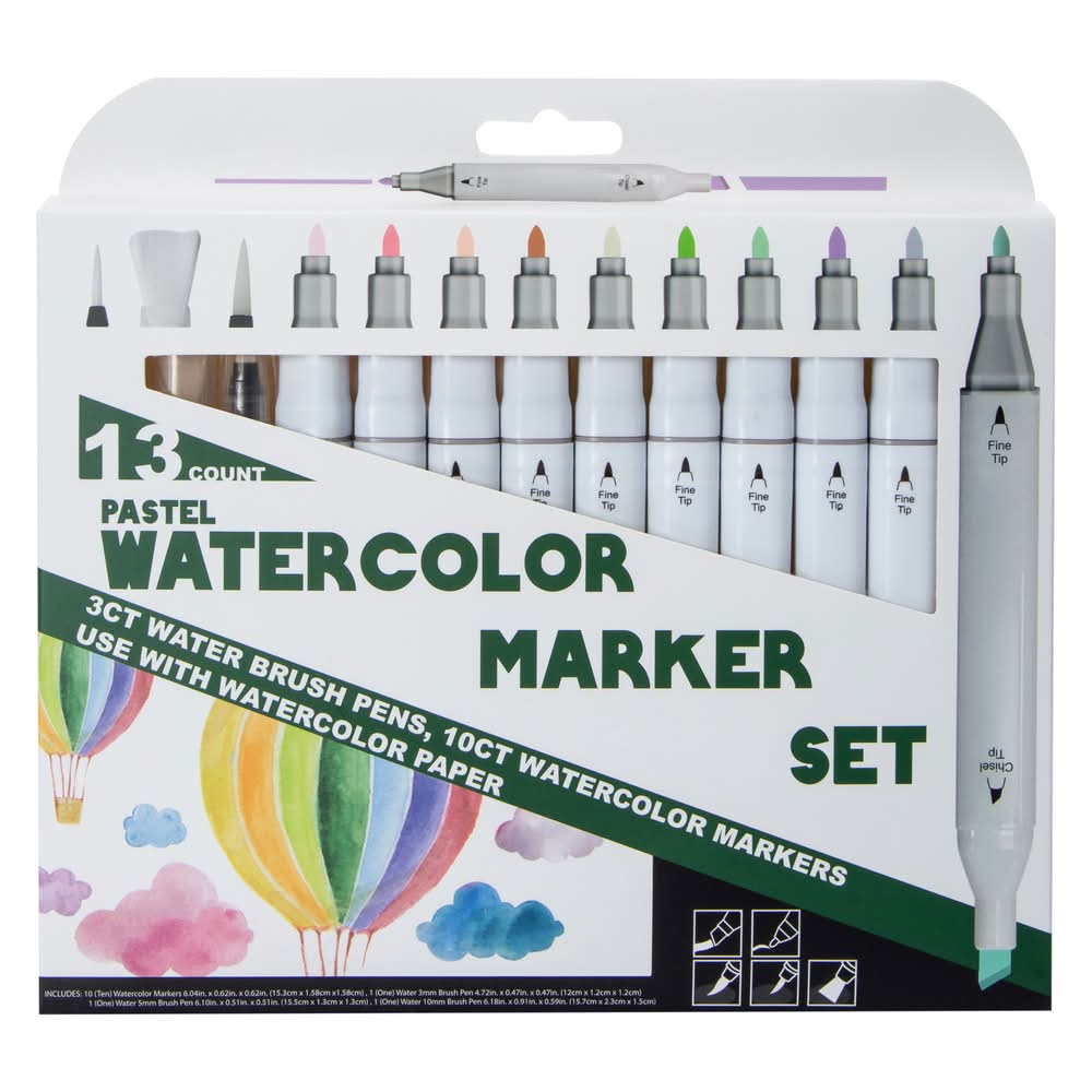 Dual-Tip Watercolor Marker Drawing Set 13-Count Pastel