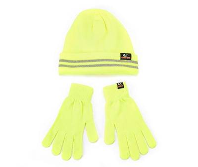 Lime Green Stripe Beanie & Gloves Set