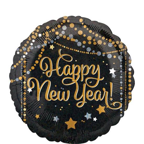 Uninflated Black, Gold Silver Dots Stars Happy New Year Balloon, 18in