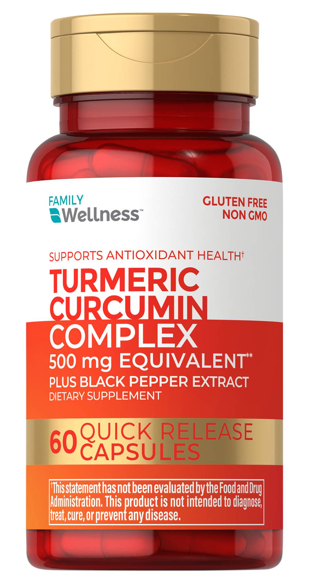 Family Wellness Turmeric Curcumin Complex 500 mg Plus Black Pepper Extract Capsules (60 ct)