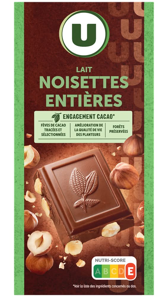 Les Produits U - Chocolat au lait et aux noisettes entières (200g)