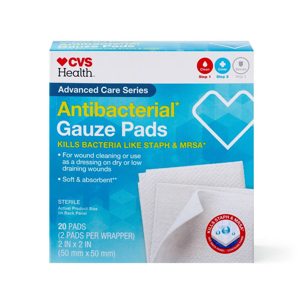 CVS Health Sterile Antibacterial Gauze Pads, 2 IN x 2 IN, 20 CT