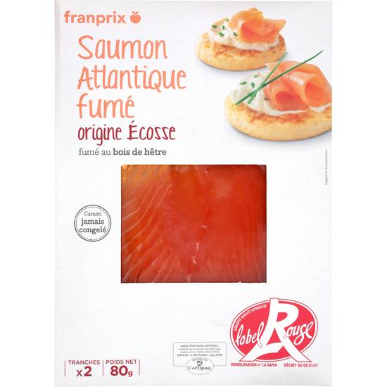 Saumon fumé au bois de hêtre Ecosse Label Rouge 2 tranches franprix 80g