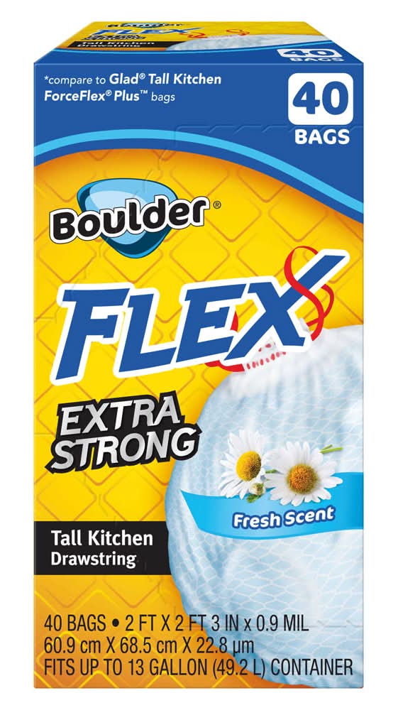Boulder Canyon Flex Tall Kitchen Drawstring Trash Bags 13 Gallon, Fresh, 60.9x68.5 cm (40 ct)