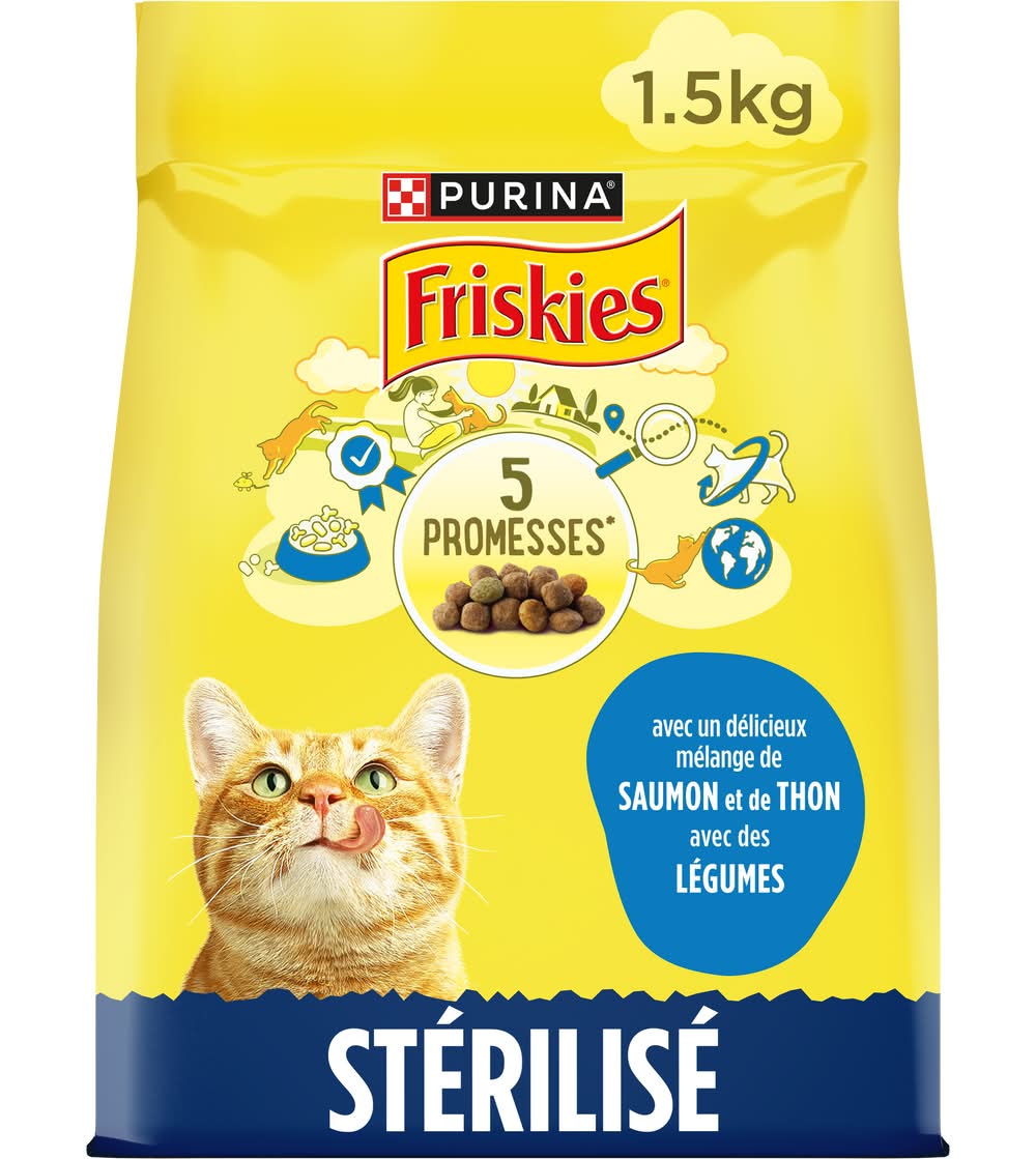 Purina Friskies - Croquettes pour chat adulte stérilisé avec un mélange de saumon thon et des légumes (1,5kg)