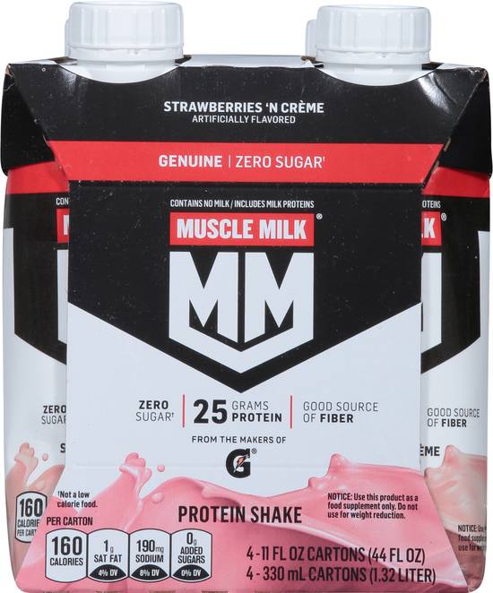 Muscle Milk Genuine Zero Sugar Protein Shake (4 ct , 11 fl oz) (strawberries 'n creme)