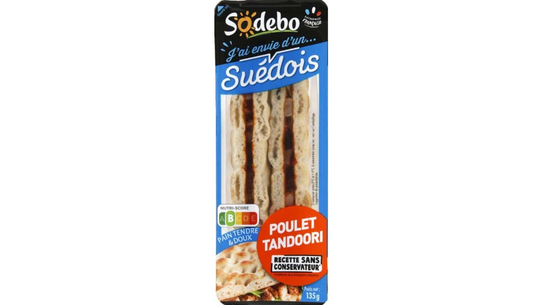 Sodebo Sandwich au pain nordique garni de poulet roti assaisonné        tandoori et de salade La barquette de 135g