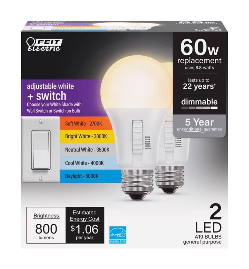 Feit Electric A19 E26 (Medium) Led Bulb Adjustable White 60 Watt Equivalence 2 Pk