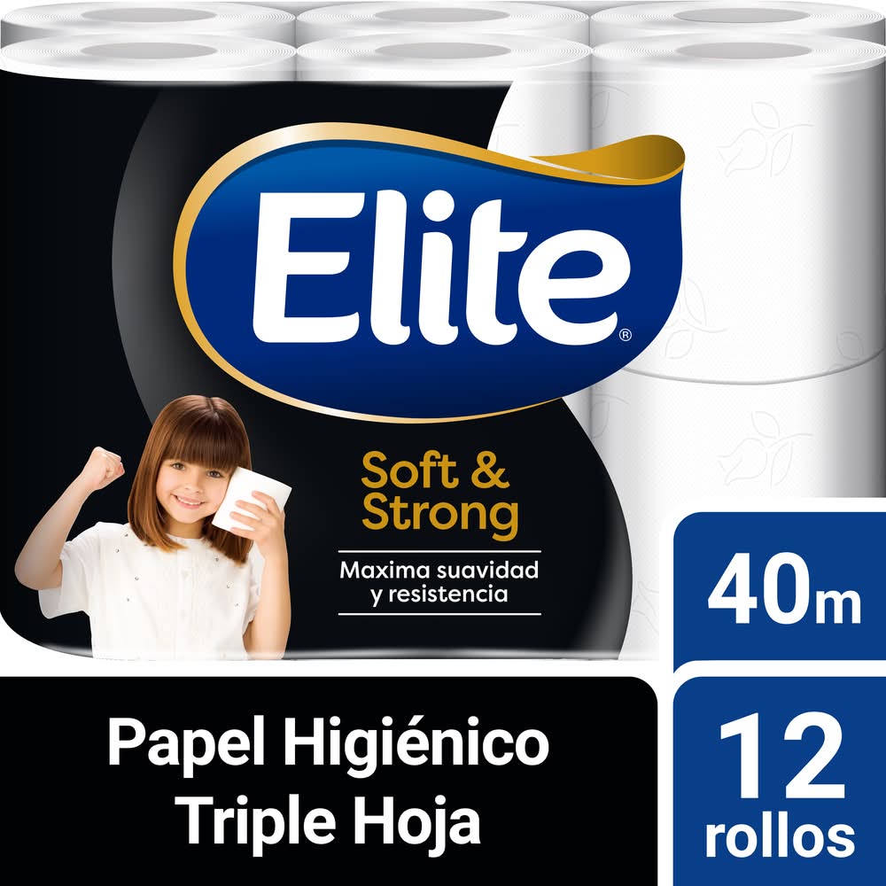 Elite · Soft & strong papel higiénico triple hoja - 40 m (12 un)