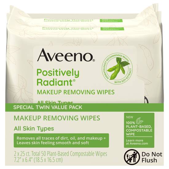 Aveeno Positively Radiant Makeup Removing Wipes, 25 Count (twin pack)