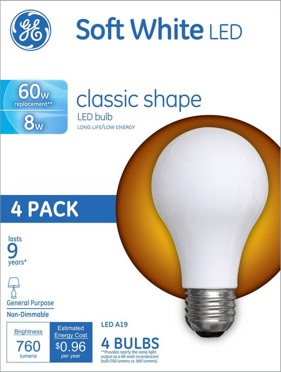 GE Lighting Non-Dimmable 60-Watt Class Shape Bulbs, LED A19, 4 CT 