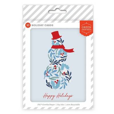 Green Inspired Holly Snowman Christmas Single Design Boxed Card pack, White (10 ct)