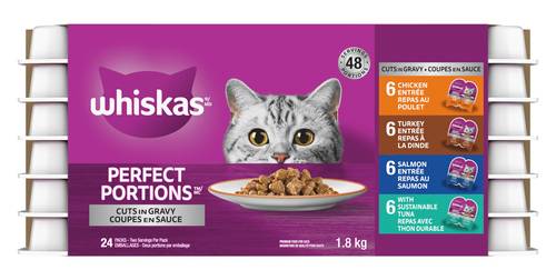 Whiskas Perfect Portions Cuts in Gravy Variety Wet Cat Food, Chicken-Turkey-Salmon-Tuna, Adult (1.8 kg, 24 ct)