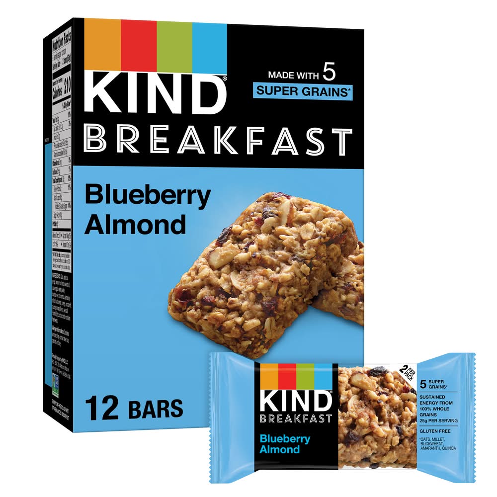 KIND Super Grains Sustained Energy Breakfast Bars, Blueberry Almond (12 x 1.76 oz)