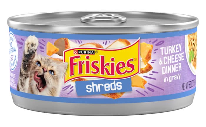 Friskies Shreds Turkey and Cheese Dinner in Gravy High Protein Wet Cat Food, 5.5 oz.