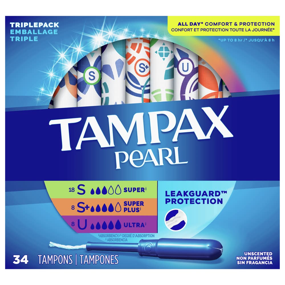 Tampax Pearl Leakguard Protection Super Super+ Ultra Absorbency Tampons (34 ct)